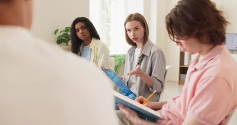 College students in classroom circle discussing ideas during seminar and Stock Footage 344412731