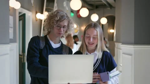 College students using laptop standing in campus corridor Stock Footage 206698668