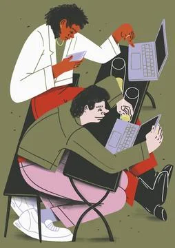 College students using laptops and drinking beer at cafe table Illustrazione stock