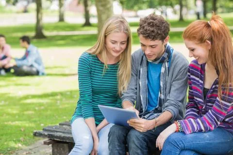 College students using tablet PC in park Foto stock