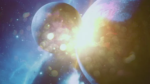 Colliding planets. Small planet or moon crashes into big planet creating a fiery Stock Footage 165038678