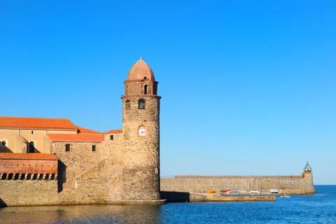 Collioure tower in harbor Stock Photos