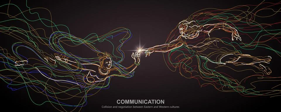Collision and negotiation between Eastern and Western cultures Stock Illustration