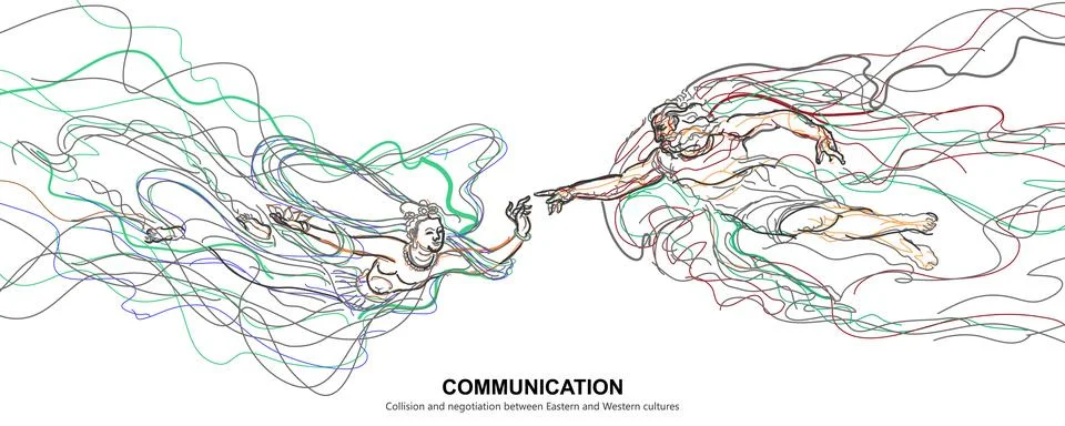 Collision and negotiation between Eastern and Western cultures Stock Illustration