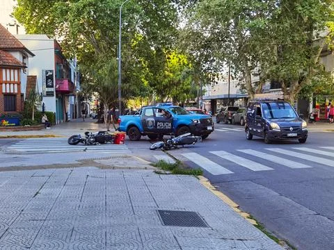Collision between two motorbikes at a road intersection in Buenos Aires Stock Photos