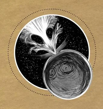 Collision of a comet and the moon. Black and white illustration on brown paper. Stock Illustration