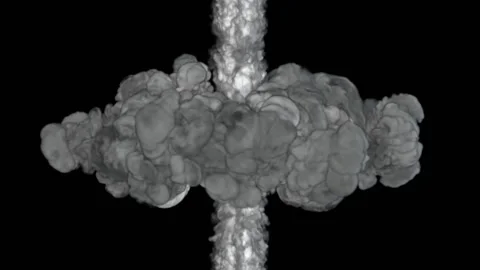 Collision of mutually directed explosions of white smoke on a black background Video stock 138620561