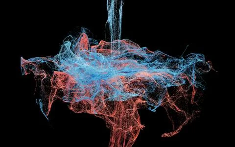 Collision of particles, decorative particles, 3d rendering. Illustrazione stock