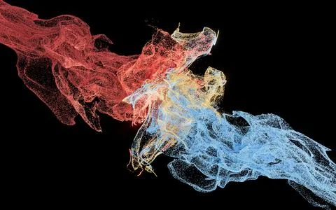 Collision of particles, decorative particles, 3d rendering. Illustrazione stock