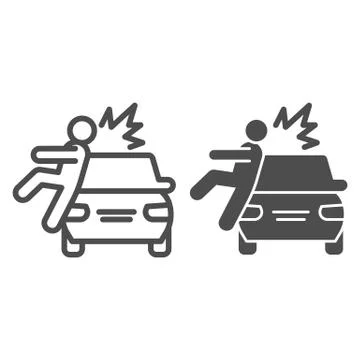 Collision with pedestrian line and solid icon. Vehicle knock down man with smash Stock Illustration