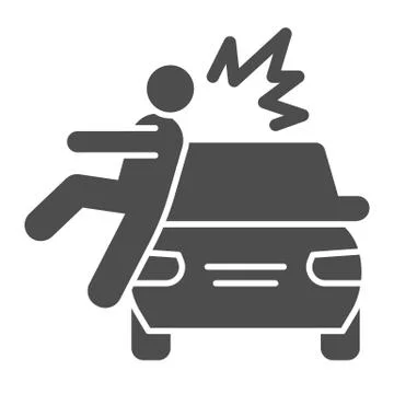 Collision with pedestrian solid icon. Vehicle knock down man with smash symbol Stock Illustration