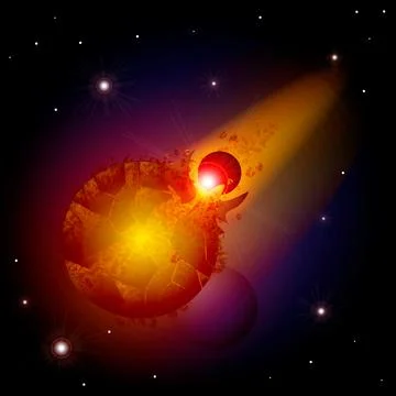 Collision of planets. The explosion of the planet. Armageddon in outer space  Illustrazione stock
