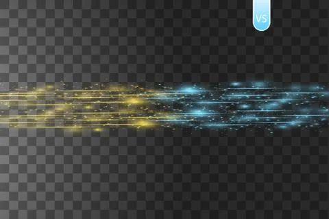 Collision of two forces with gold and blue light on transparent background Stock Illustration