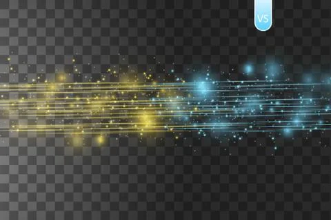 Collision of two forces with gold and blue light on transparent background Stock Illustration