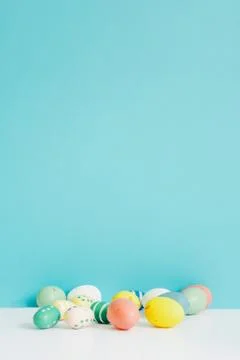 Coloeful easter eggs on pastel color background 写真素材