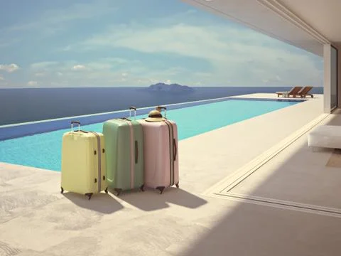 Coloful suitcases next to the swimming pool. 3d rendering Stock Illustration