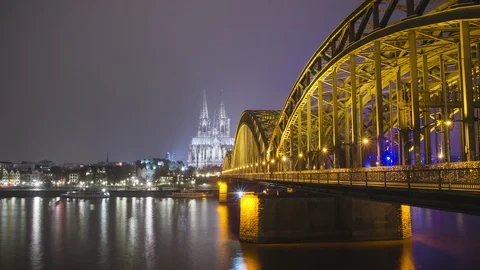Cologne bridge and Cathedral - Timelaps Stock Footage