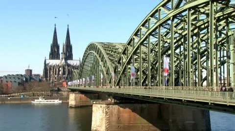Cologne Bridge Time lapse with Cathedral Stock Footage 11448014