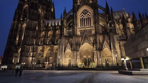 Cologne Cathedral Night Illuminated Gothic Landmark Blue Hour Twilight Sky Stock Footage 327058017
