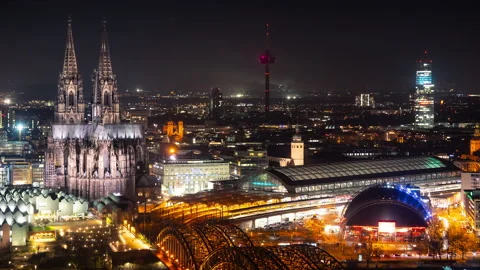 Cologne Cathedral Night Timelapse 1 - Pan right Stock Footage 202285286