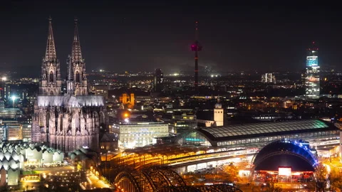 Cologne Cathedral Night Timelapse 1 - Jib down Stock Footage 202285987