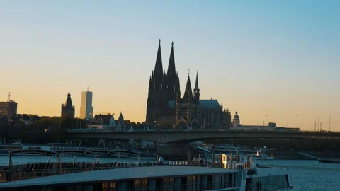 Cologne Cathedral With A Ship In The Foreground Stock Footage 96239877