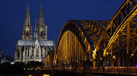 Cologne Cathedral Skyline Train Passing Dusk Light Rush Hour People Walk Commute Stock Footage 43000826