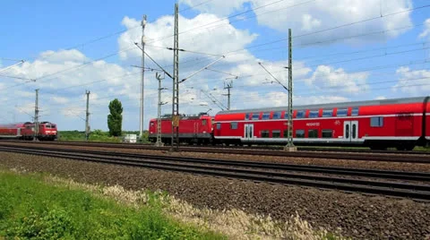 Cologne - circa june 2013 - Two red regional trains in Germany Video stock 24632009