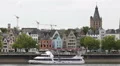 Cologne City Hall Historic Building Old Town Skyline Promenade Tour Boat People HD Footage