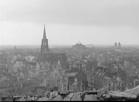 COLOGNE, GERMANY - 1945: Gaping window shell - spire drifts toward frame centre Stock-Footage 344598517