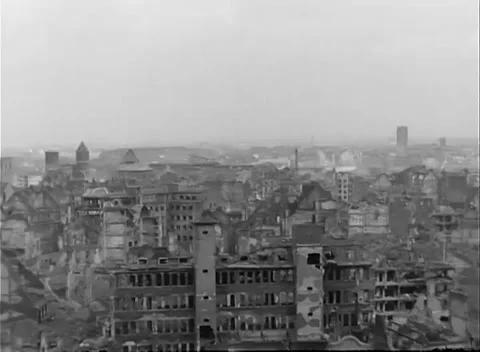COLOGNE, GERMANY - 1945: Turret and domes - brick tower rises over empty windows Stock Footage 344598528