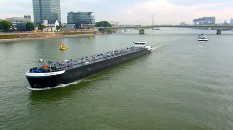 Cologne , Germany - circa oct. 2013 - tanker ship passing waterfront of Cologne Video stock 31334502