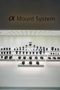 COLOGNE, GERMANY - CIRCA SEPTEMBER, 2018: Sony digital cameras and lens on di Stock Photos