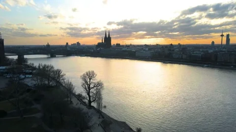 Cologne, Germany - drone shot of the cityscape, Cologne cathedral while sunset. Stock Footage 149983053