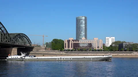 Cologne Germany, Panoramic View of Rhein River with Merchant Ship Stock Footage 131650607