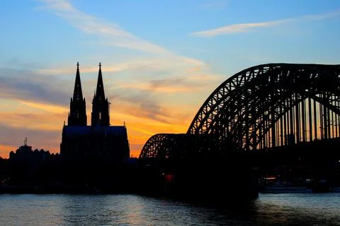Cologne Koln Germany during sunset, Cologne bridge with cathedral Stock Photos