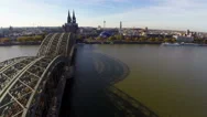 Cologne Railway Bridge Aerial Shot, Rhine River Cathedral Opera Stock Footage