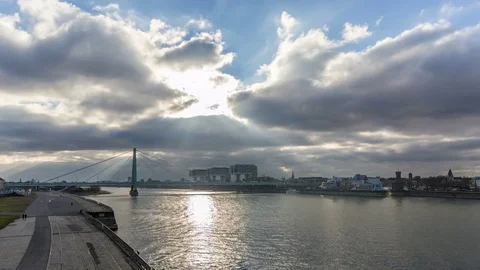 Cologne river with crane house with clouds and sunbeams timelapse Stock Footage 72436863