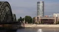 Cologne Skyline Triangle Tower People Crowd Visit Walk Passing Bridge Tourists HD Footage