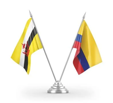 Colombia and Brunei table flags isolated on white 3D rendering Stock Illustration