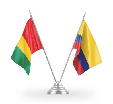 Colombia and Guinea table flags isolated on white 3D rendering Stock Illustration