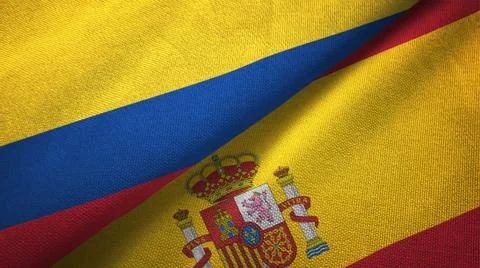 Colombia and Spain two flags textile cloth, fabric texture Stock Illustration