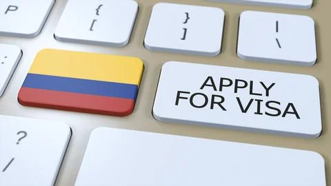 Colombia, Apply for Visa Concept. Button Push 3D Illustration. Visa Apply for 스톡 일러스트