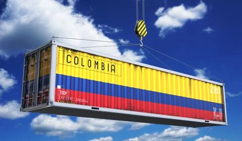 Colombia - cargo container hanging on crane for international trade and log.. 库存插图
