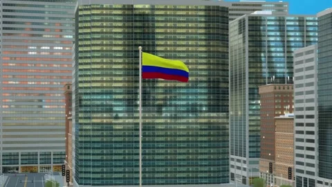 Colombia Flag 3D Render Animation on Pole with Modern Business District Buil Stock-Footage 332881324