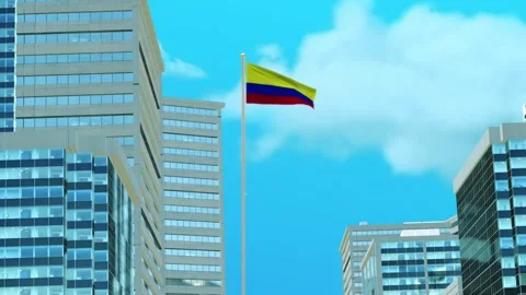 Colombia Flag 3D Render Animation with Urban Architecture and Clear Blue Sky Video stock 333054352