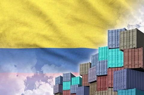 Colombia flag and big stack of shipping cargo containers in docks with sky イラスト素材