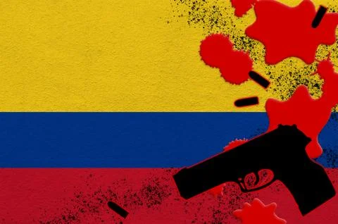 Colombia flag and black firearm in red blood. Concept for terror attack or mi Stock Illustration