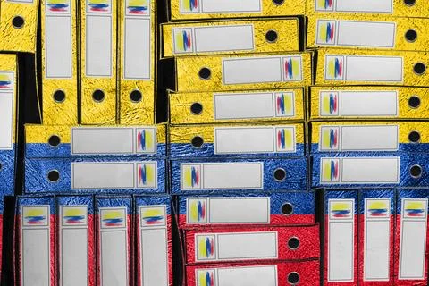 Colombia Flag Colors Folder Stack, Bureaucracy and Government Administration Foto stock