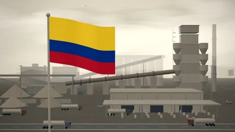 Colombia Flag Flying Over Cement Works Rotary Kiln seamless loop Stock Footage 345313641